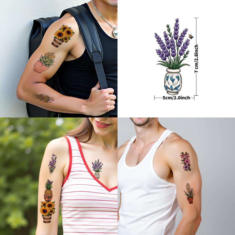 28pcs Temporary Tattoo Temporary Tattoo Stickers Bonsai Daisy Pineapple Plant For Arms Chest Men