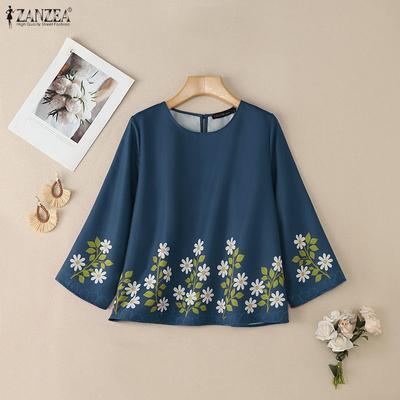 Camicetta casual da donna con scollo tondo e maniche a 3/4, ampia e stampata