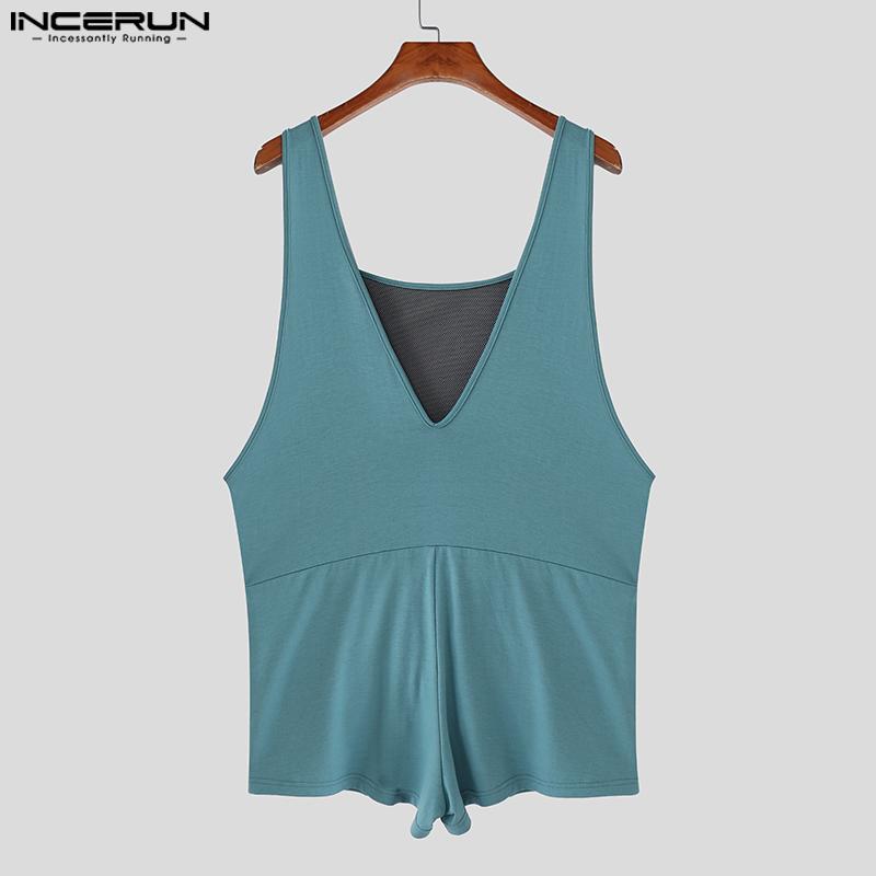 INCERUN Mens Deep V Mesh Patchwork Front Bow Short Jumpsuits Romper Bodysuits