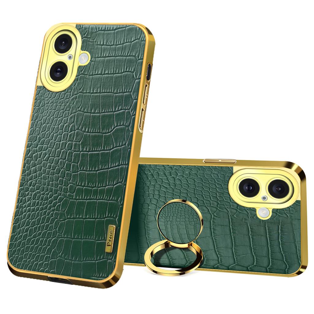 For iPhone 16 Plus Case Crocodile Texture Ring Kickstand TPU+Leather Electroplating Phone Cover