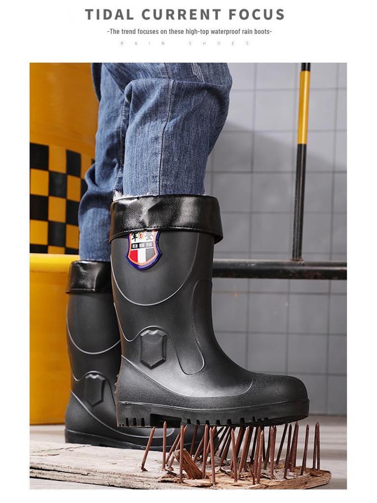 Jun Deng Men's High-Top Waterproof Anti-Smash Puncture-Resistant Work Boots - Durable, Thick-Soled Rain Boots for Construction Sites.