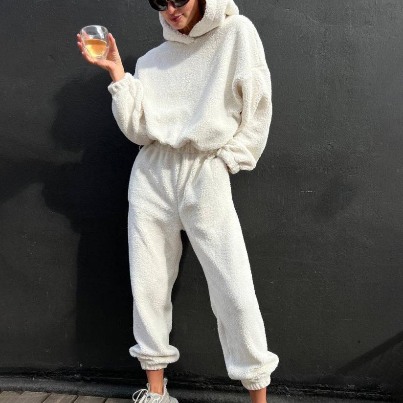 Women Solid Color Long Sleeve Hooded Hoodies Suit Autumn Winter Loose Top Wide Leg Pants