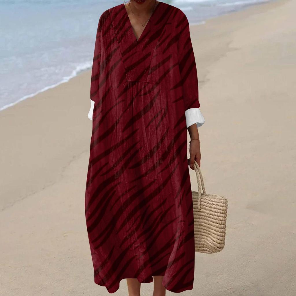 Women's Casual Fashion V-Neck Long Sleeve Floral Print Maxi Dress