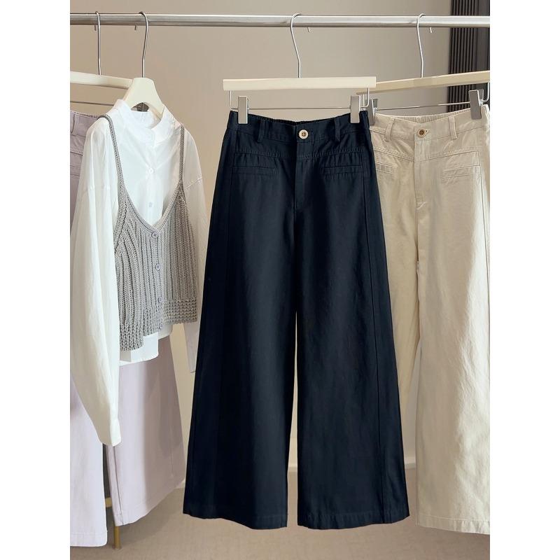 

Small washed cotton wide-leg casual pants women s spring new versatile high-waisted thin loose nine-point straight trousers XL чорний