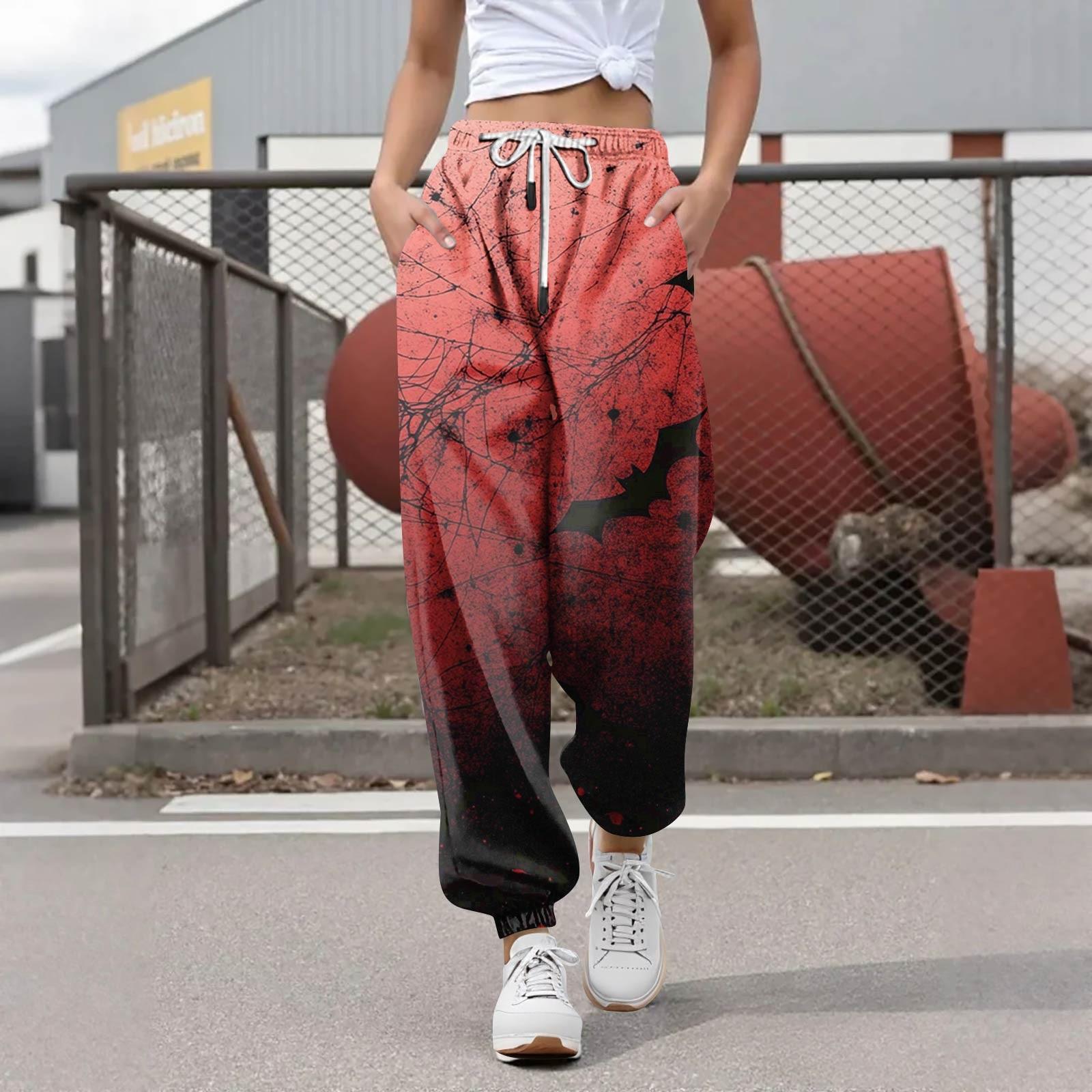 

Женские повседневные модные брюки для отдыха с принтом на Хэллоуин, спортивные штаны, брюки с эластичной резинкой на талии, брюки со шнурком XXXL красный