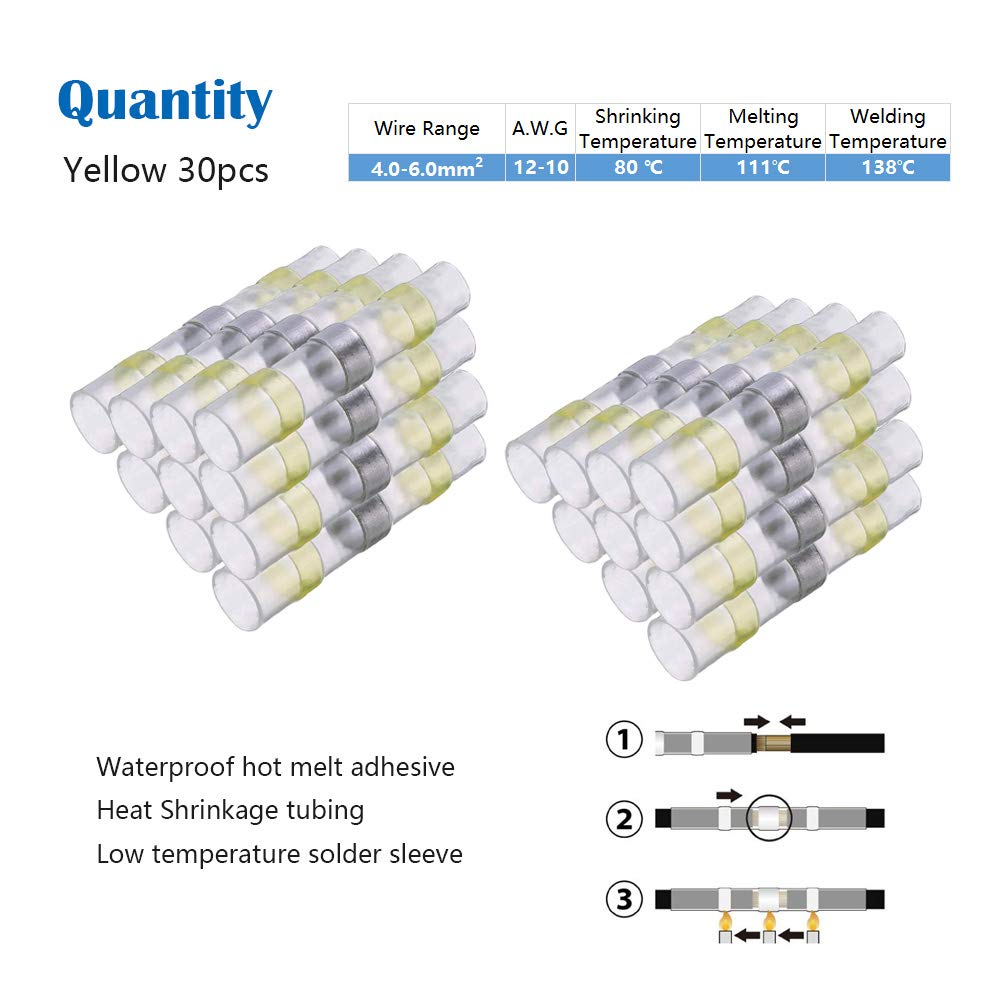 CTRICALVER Welded and Sealed Wire Joints, 30 Waterproof Heat Shrink Butt Joints, Wire Terminals, Marine Insulated Butt Joints (Yellow)