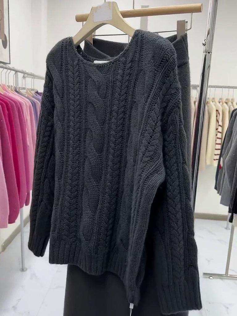 2026 Spring/Summer Korean Style Cable Knit Pullover - Pure Color Round Neck, Long Sleeve Sweater