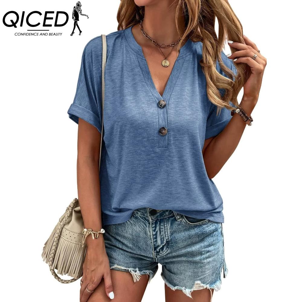 QICED Women's Fashion Casual Solid Color Print Short Sleeve V Neck Blouses & Shirts
