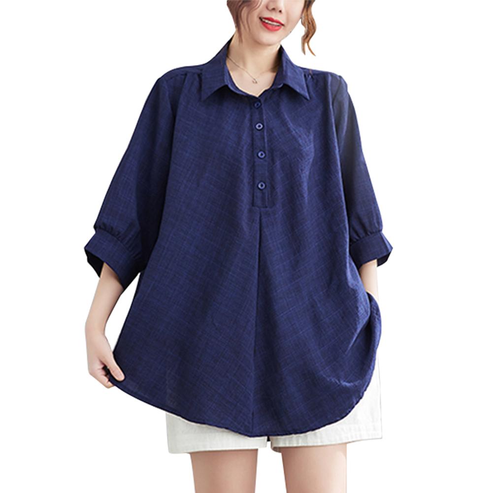 

Повседневная женская длинная однотонная рубашка-туника на пуговицах из хлопка и льна, свободная рубашка с обычным вырезом и половиной рукавов, темная XL темно-синий
