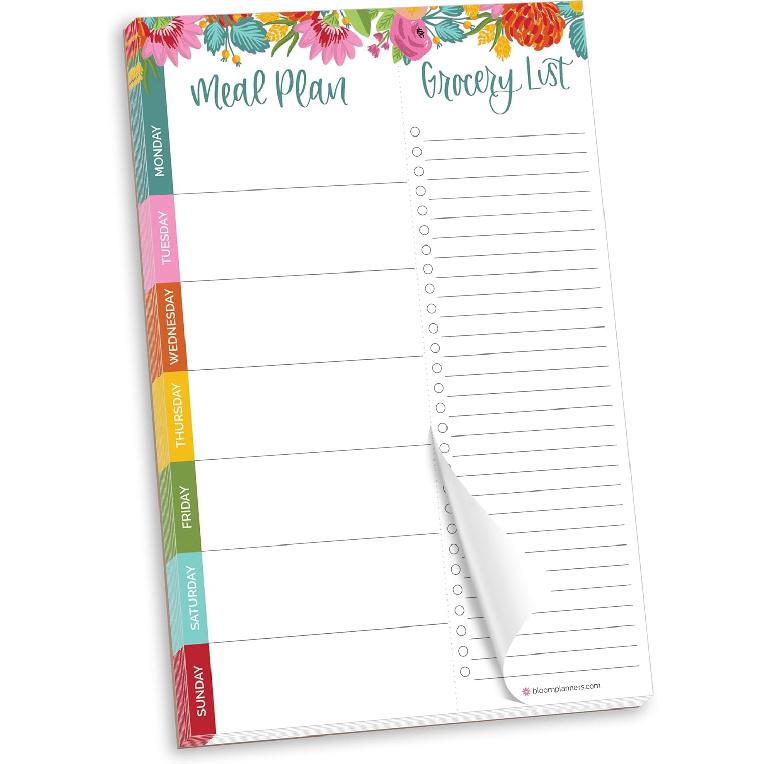 bloom daily planners Weekly Meal Planning Pad - Magnetic Hanging Refrigerator Menu Planner with Tear-Off Sheets & Perforated Grocery Shopping Lists -