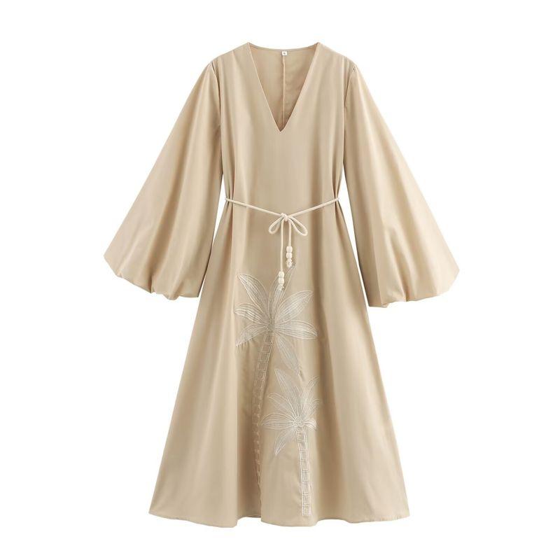 

Kaslead New Arrival Women s Clothing Fashion Style Fashion Minimalist V-neck Flared Sleeves Embroider Dress Apricot color M