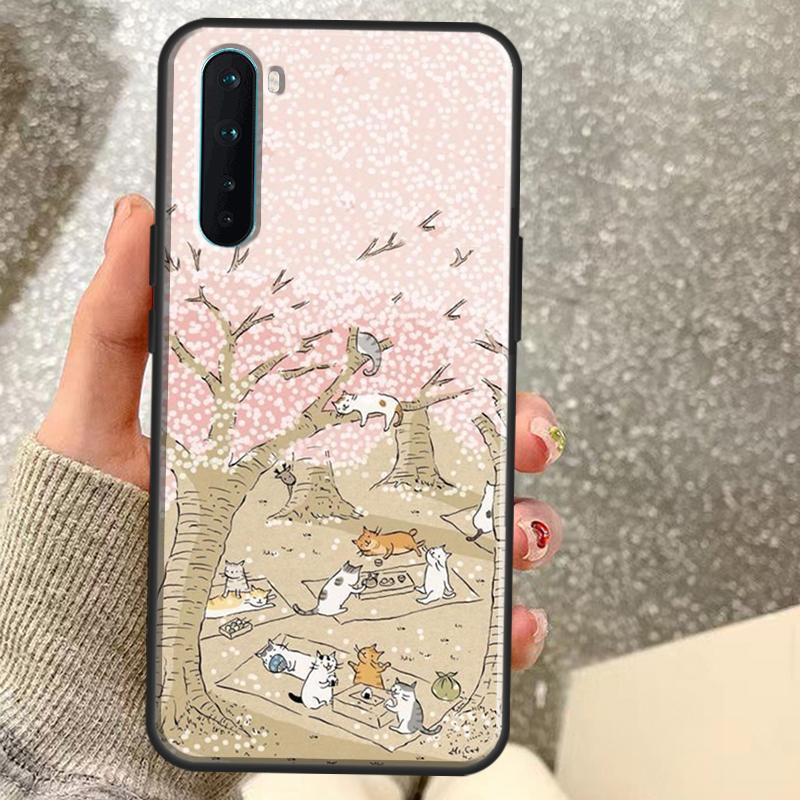 Japanese Cat Drink Pattern Case For OnePlus 15 13 12 11 10 10R 12R 13R 15R 13T 10T 8T Nord 5 CE 2 3 4 Lite N20 N30 Coque