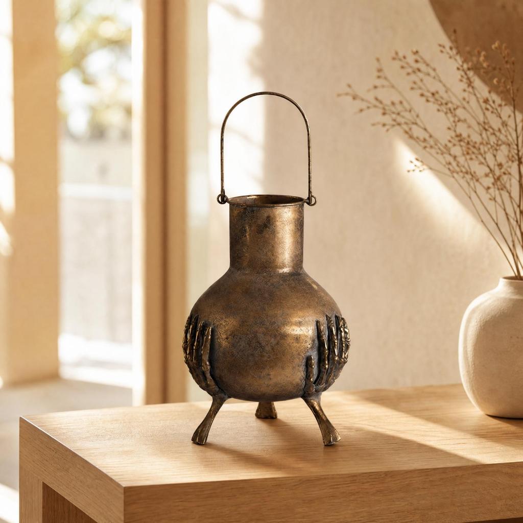 EuropeanStyle Decorative Metal Vase Vintage with Raised Ornamental Detailing Distressed for