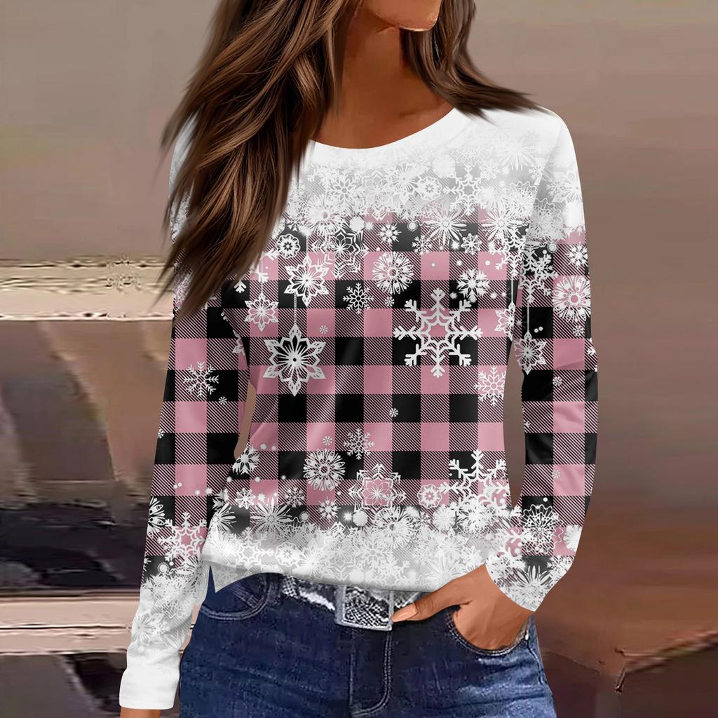 Women's Fashion Casual Slit Hem Round Neck Long Sleeve Loose  Printed T-Shirt Ladies Top