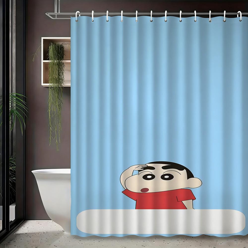 Crayon Shin-Chan & Himawari Superhero Press Conference Scene 2D Print Waterproof Shower Curtain, Blue Cityscape Bathroom Decor W