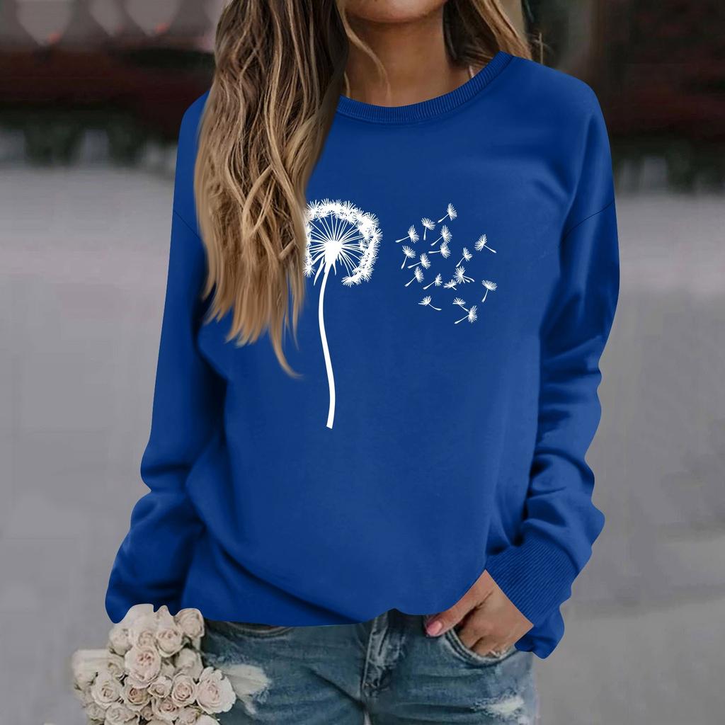 Mote for kvinner, avslappet langermet ensfarget trykket genser med rund hals