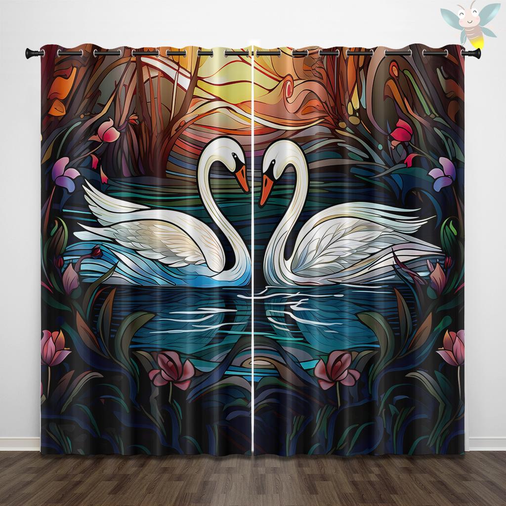 2 Pieces of Beautiful and Elegant Swan Patterned Printed Curtains, Used for Decoration, Bedrooms, and Living Rooms