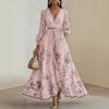 Women's Floral V Neck Maxi Dress 3/4 Bell Sleeve Tie Waist A Line Elegant Summer Long Dress