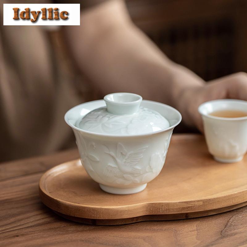 135ML Relief Misty Blue Gaiwan Ancient Tea Tureen Household Tea Bowl With Lid Kit Tea Brewing Cover Bowl Cafes Accessories Gift