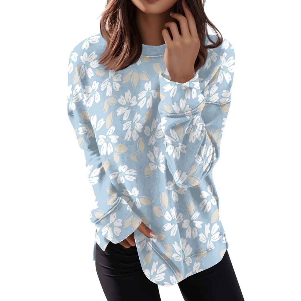Women's Round Neck Tops Cotton Women's Casual Fashion Print  Long Sleeve O-Neck Pullover Top Blouse