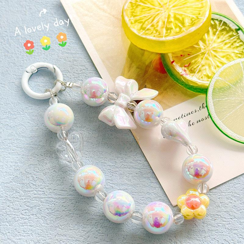 Color Plated Color Flower Beaded Mobile Phone Chain Creative Bow Car Keychain Earphone Bag