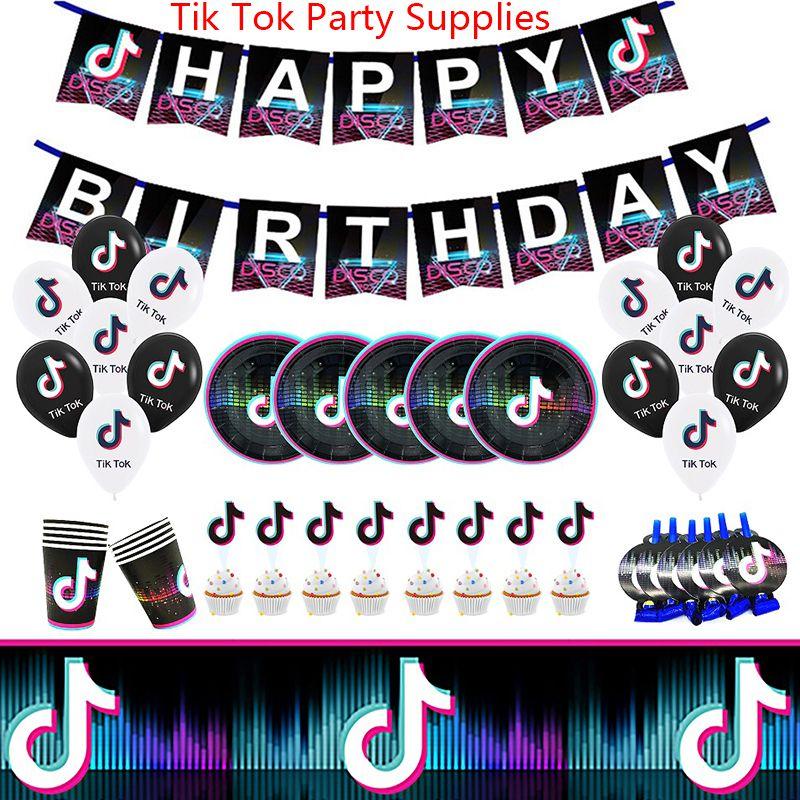Colorful Tik Tok Birthday Party Supplies Set Featuring Fun Tableware Decor Plates Cups And Banner