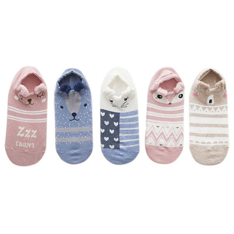 5 Pairs Women's Socks Spring Summer Three-Dimensional Shallow Mouth Cartoon Female Cotton Invisible Japanese Cute Animals Socks