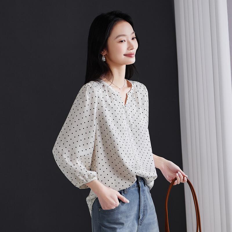 SOFSIL Women s French Retro Polka Dot Print V-Neck Pullover Blouse M