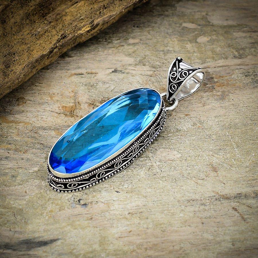 Swiss Blue Topaz Gemstone 925 Sterling Silver Jewelry Pendant 2.48" M-157