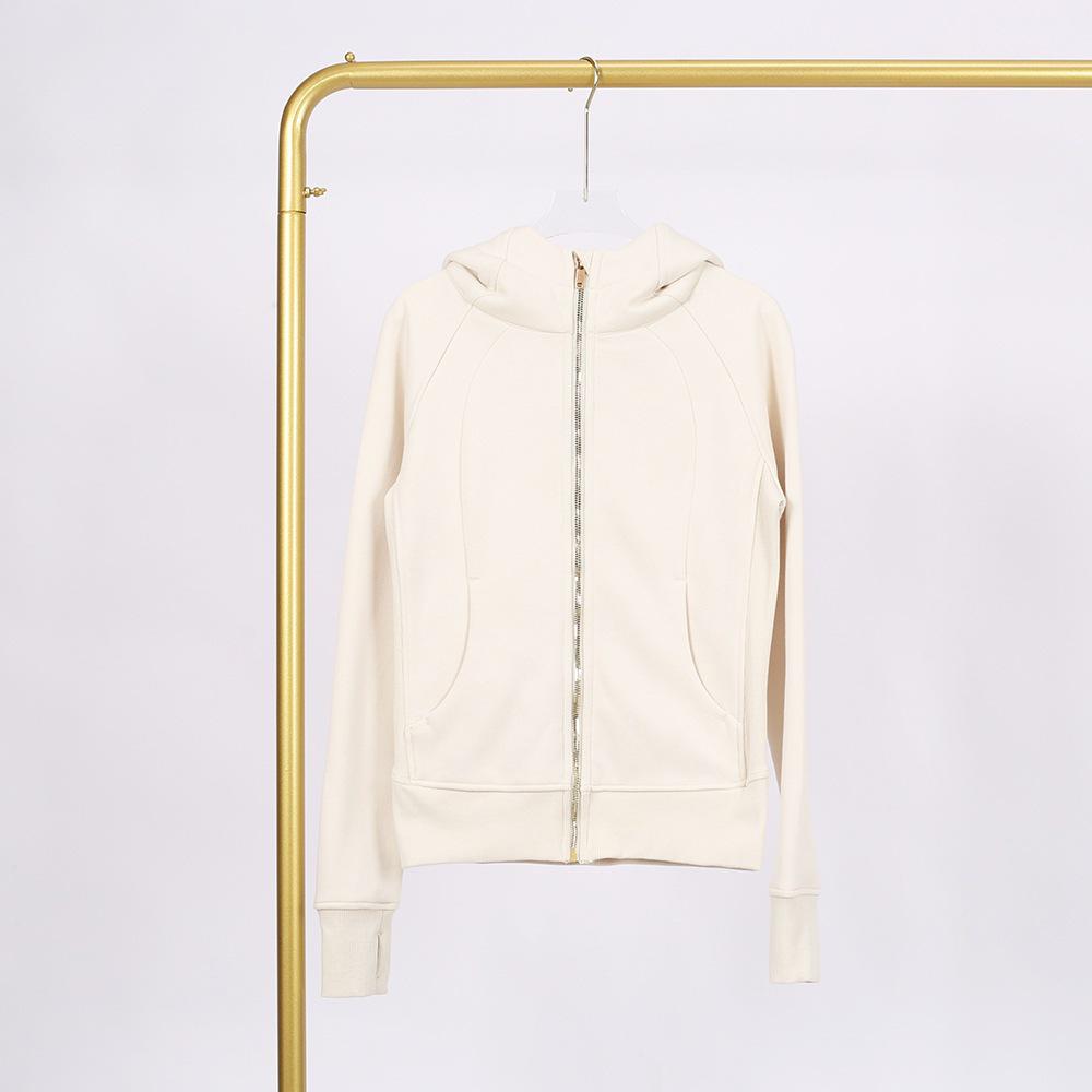 LULU Embossed Slim Fit Full Zip Fleece Hoodie - Gold Logo & Zipper, Casual Yoga Wear.