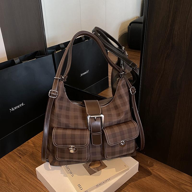 Retro large-capacity shoulder bag women's 2025 new plaid tote bag multi-functional backpack leisure bag
