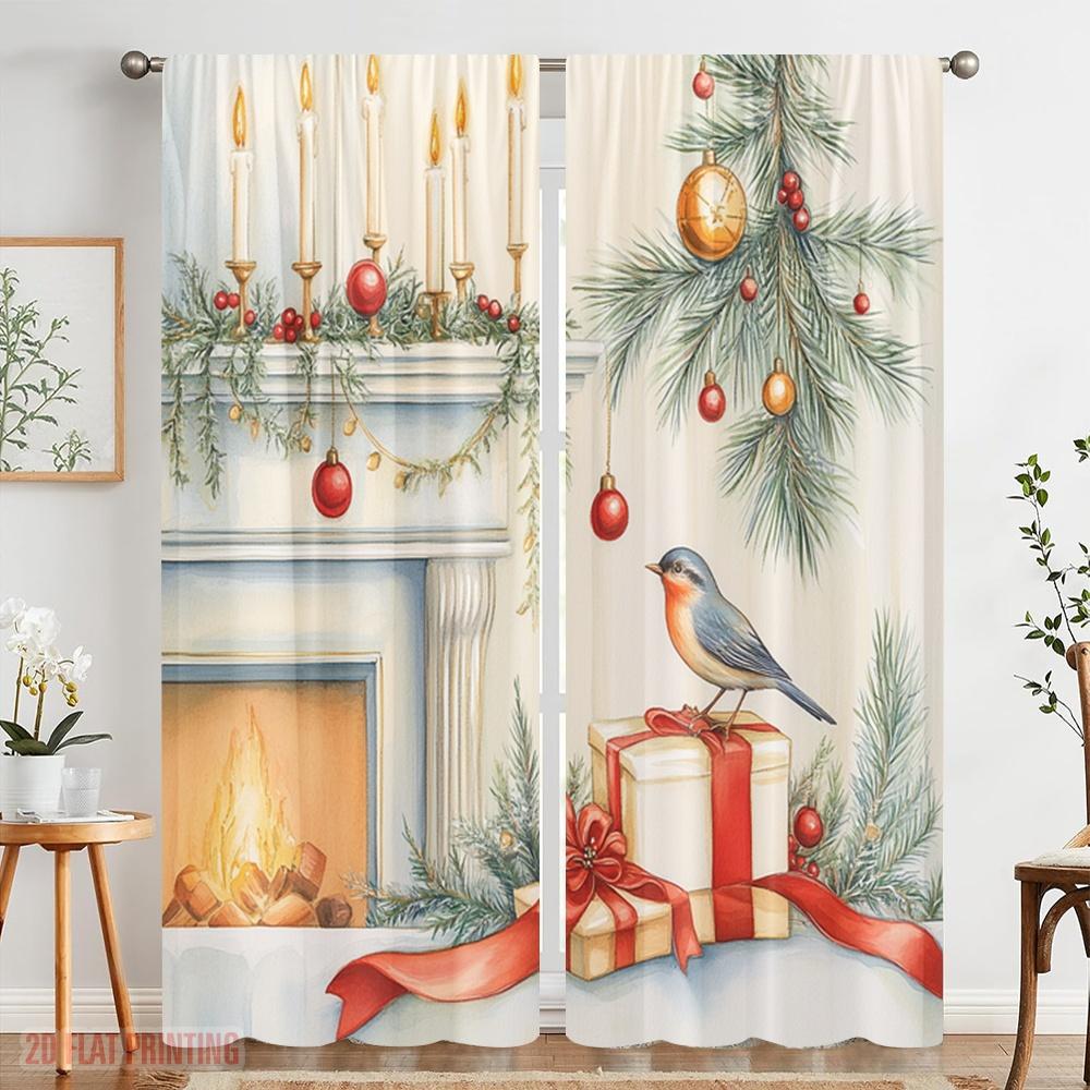 2pcs,2D Plane Printing Print Curtains Christmas Bird Candle Ornament Fireplace Polyester Woven (without Rod) All Seasons Ldeal