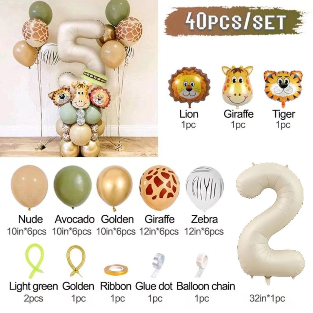 40pcs Jungle Retro Animal Balloon Set Lion Giraffe Balloon 1-9 Birthday Decoration Anniversary Jungle Theme Party Decoration 32inch
