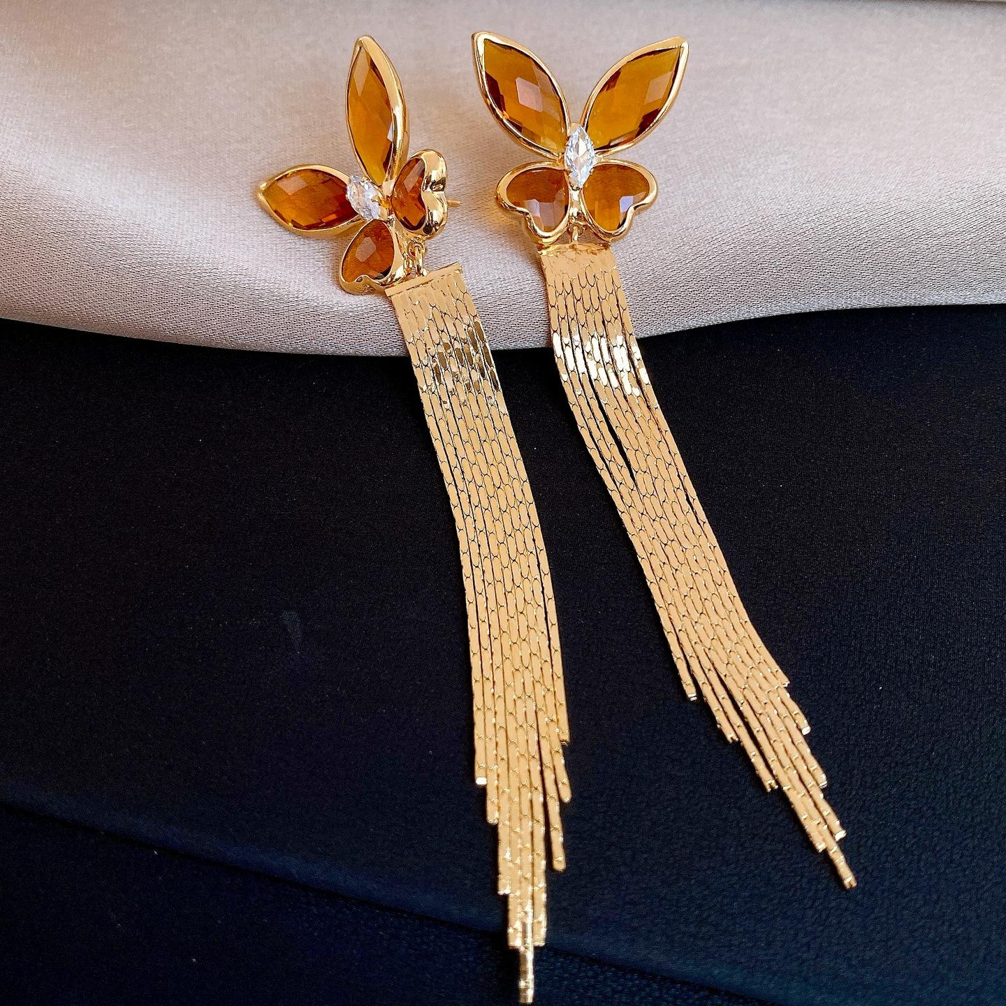 18k real gold zircon glass butterfly tassel earrings, earrings, fashionable European and American earrings, women