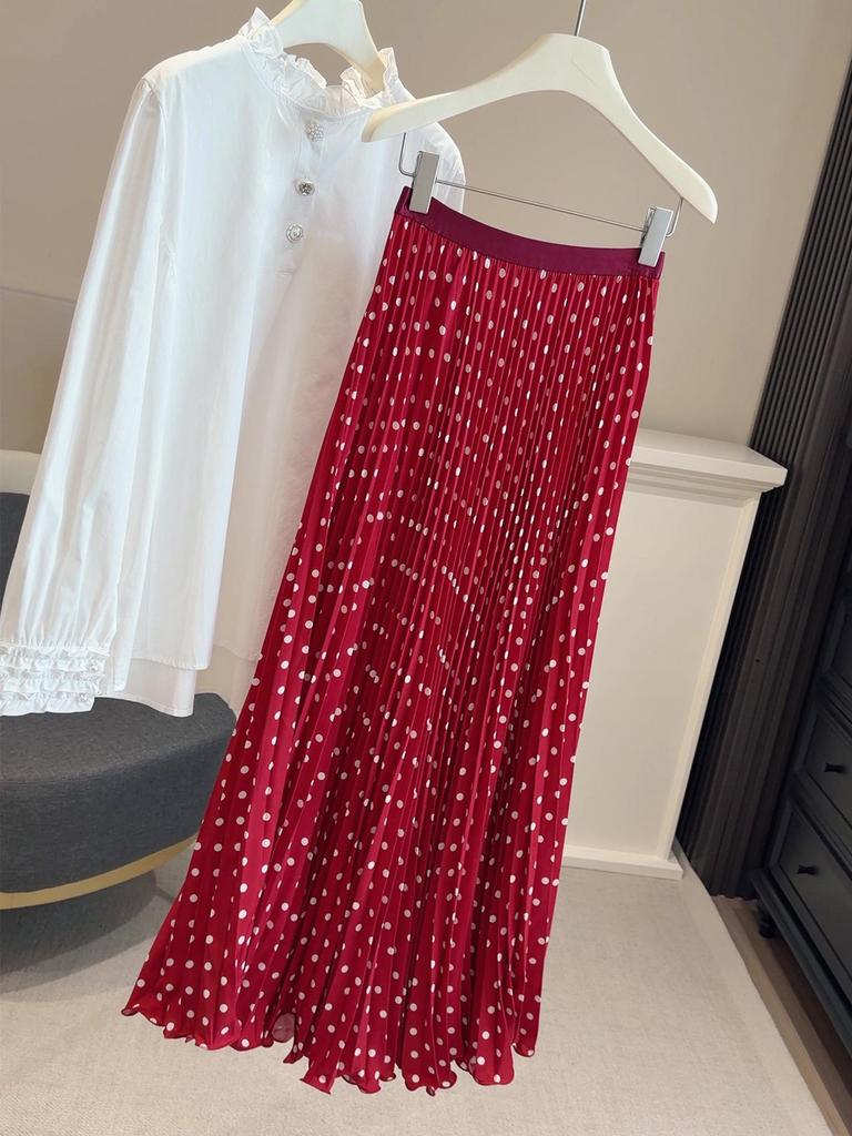 Korean-Japanese Red Polka Dot Chiffon Pleated High-Waist Slimming Long Skirt for Women