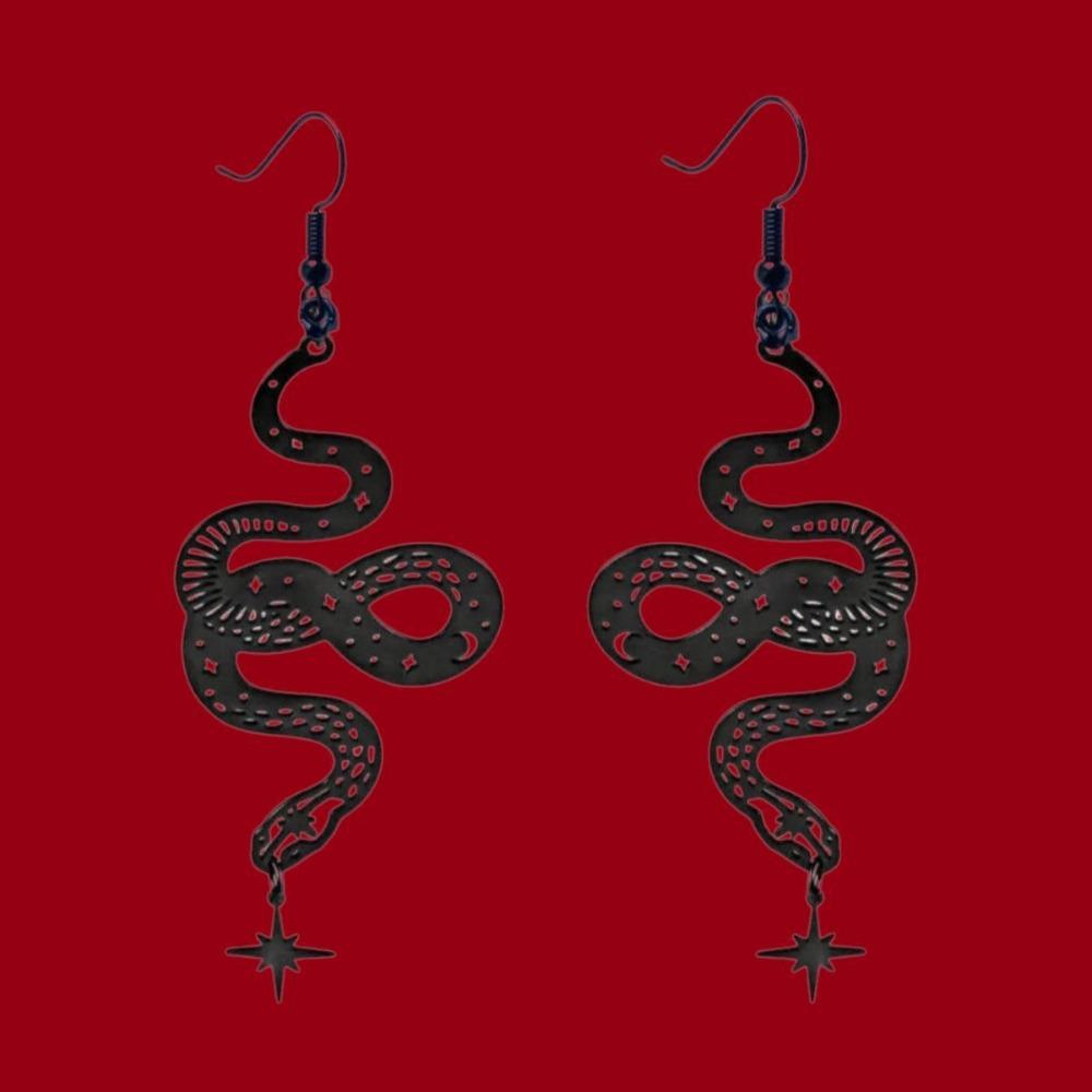 Retro Personality Black Stainless Steel Hollowed-out Pattern Snake Pendant Dangle Earrings for Women Street Hip-hop Jewelry Gift