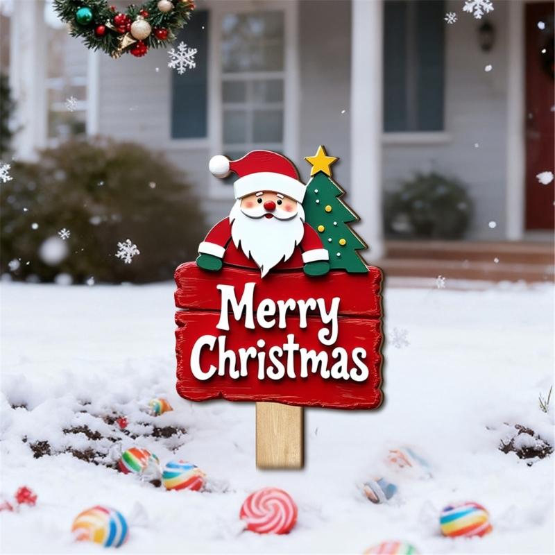 Santa Snowman Holiday Yard Stake Handcrafted Wooden Door Plaque For Seasonal Celebration Party Decoration