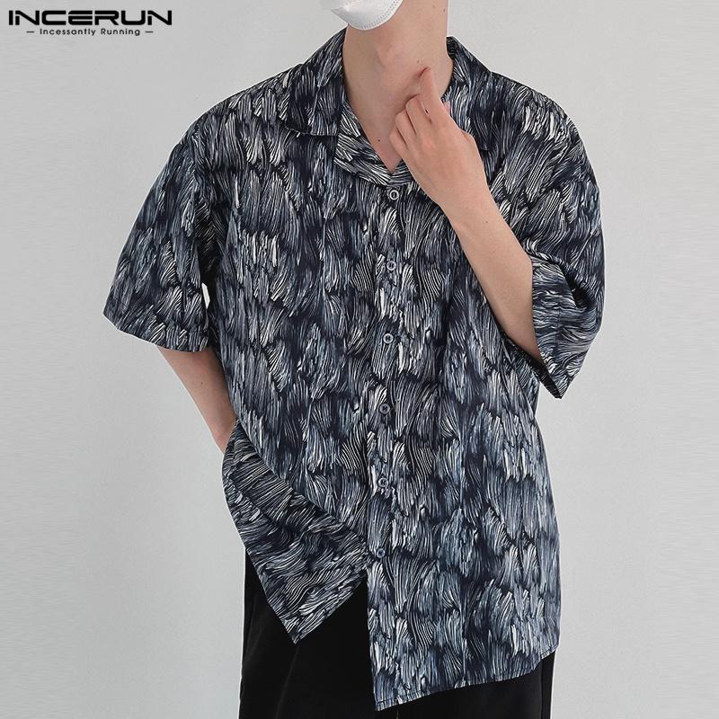 INCERUN Summer Oversized Men Lapel Neck Short Sleeve Print Casual Shirts
