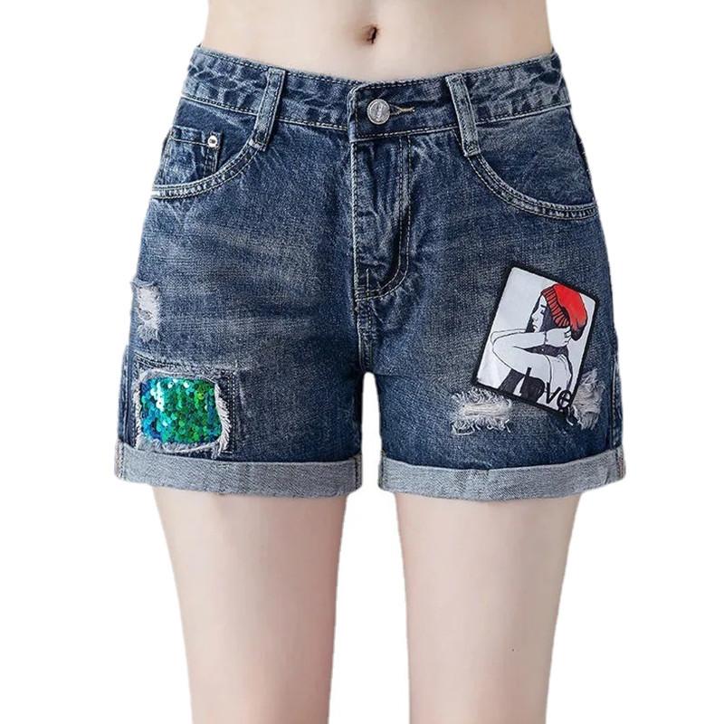 Damen-Denim-Shorts im koreanischen Stil, modisch, distressed, mit Pailletten, stilvoll, mit Aufschlag, Hosen mit geradem Bein, Hotpants