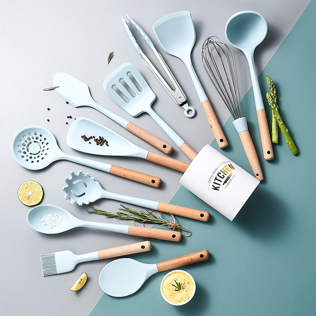 Blue Silicone Cooking Utensils Set Non-Stick Spatula Soup Spoon Eggbeater Food Clip Natural Wood Handle with Storage Box Kitchen Tools