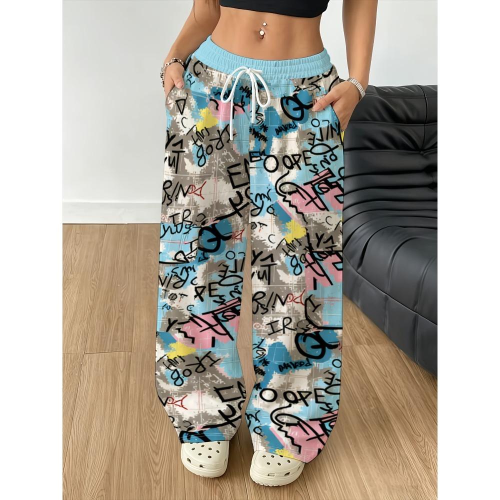 Women's graffiti print wide-leg pants drawstring elastic waist loose jogging pants casual sweatpants street style