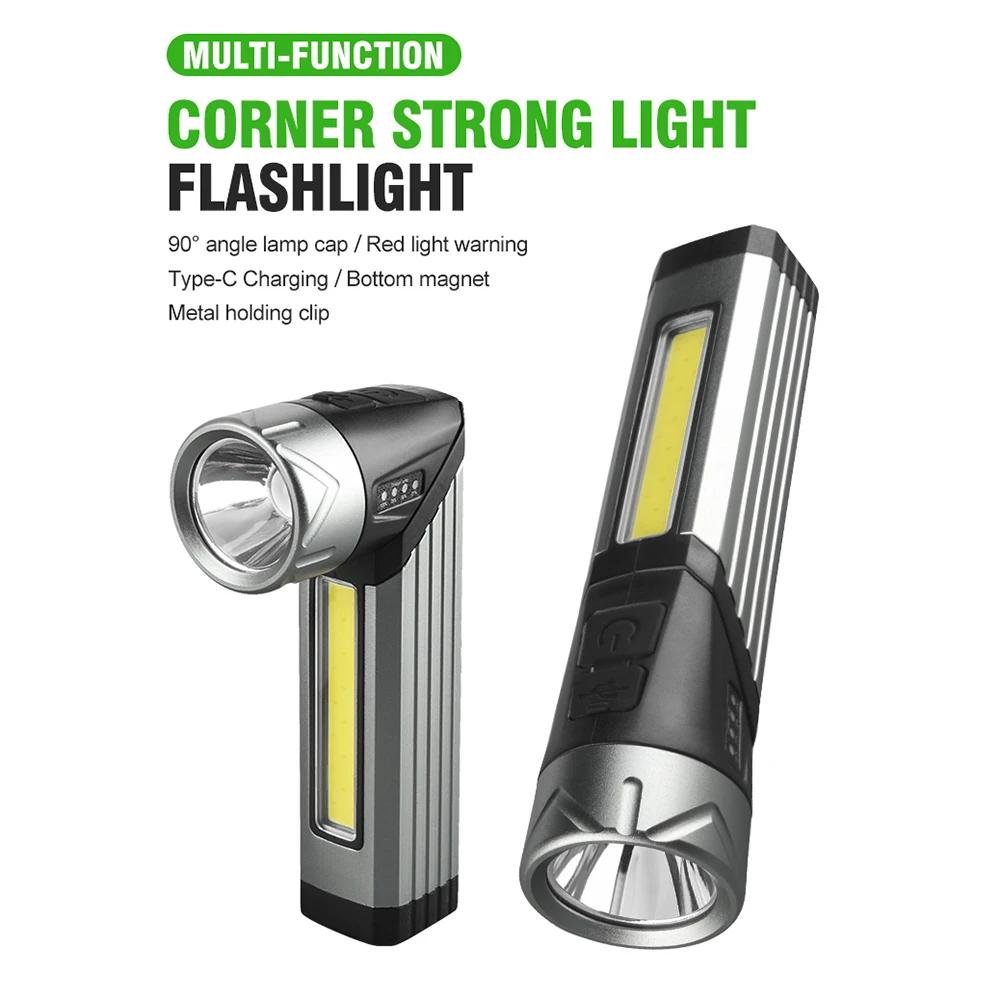 Car LED Strong Light Flashlight Portable Magnet Camping Torch 90 ° Rotatable Head Multifunctional Folding Handheld Work Lights