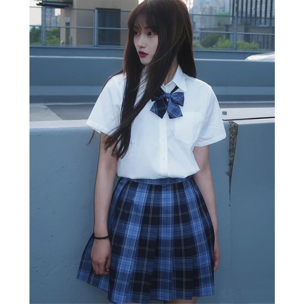 Limspace Sailor Uniform Perfect for Pleated Checkered Ribbon Halloween Short Long and Perfect for Amusement Entrance School and Cultural Blue Short
