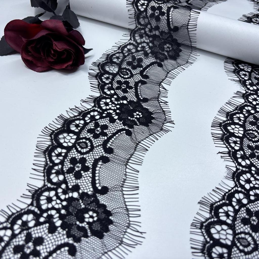 3m x 8cm Black French Chantilly Lace, Non-stretch Narrow Eyelash Lace Trim Fabric for Sewing, Bra, Underwear, Lingerie, Dress, Garment, Crafting