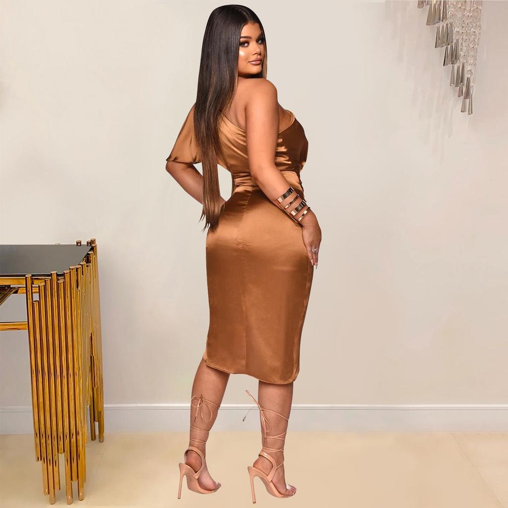 One-Shoulder Slit Midi Dress - Women's Fashion Solid Color, Europe & America Style