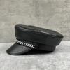 Trendy Hat Silver Chain Beret Women'S Black Pu Leather Flat Top Hat British Retro Duck Tongue Newsboy Hat