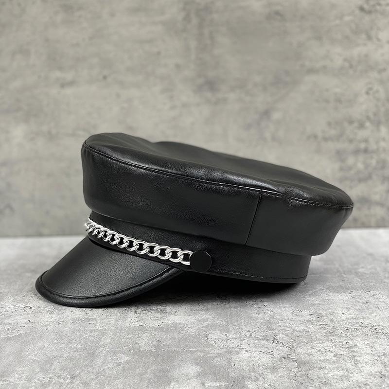 Trendy Hat Silver Chain Beret Women'S Black Pu Leather Flat Top Hat British Retro Duck Tongue Newsboy Hat
