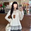 Women's Autumn/Winter Lace Patchwork Round Neck Shirt - Pure French Style, Long Sleeve T-Shirt, Fashionable Inner Wear
