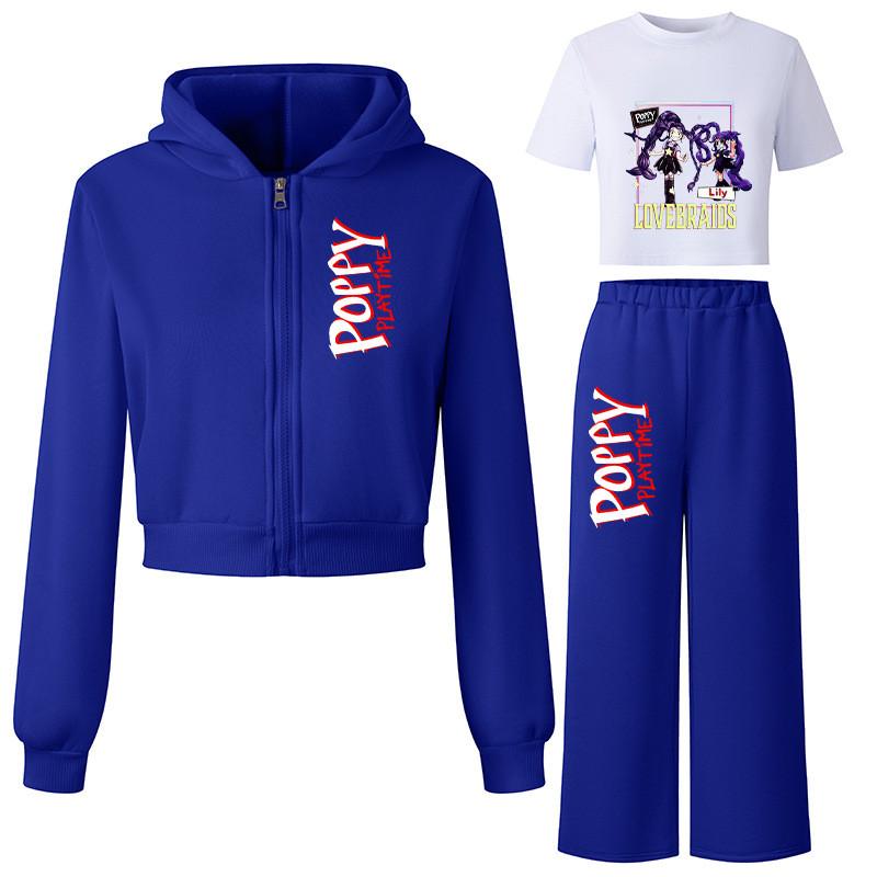 

3pcs/set Children Girls Lily Lovebraids Cartoon Printed Hooded Sports Fleece Casual T-shirt Top Pants Jacket Sets 8Y синій