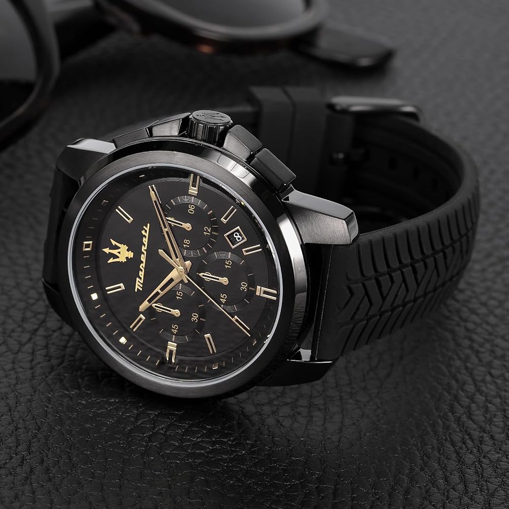 Maserati Successo Series Men's Watch 44mm Black Silicone Chronograph Quartz R8871621011 5ATM Water Resistant